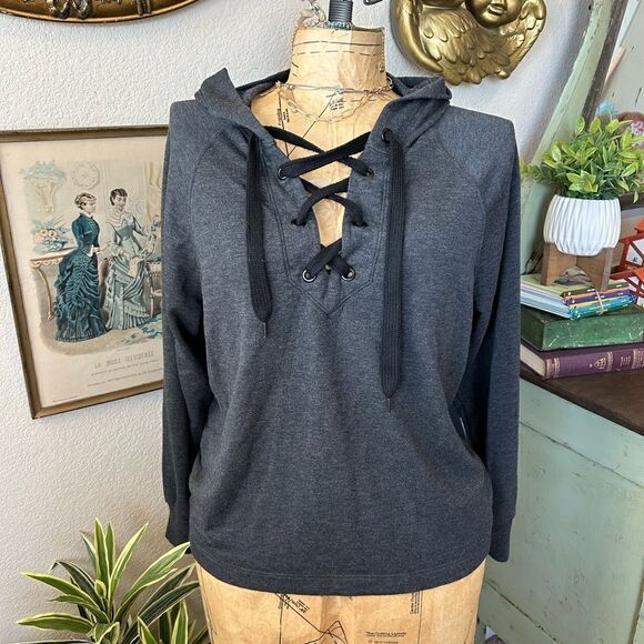 Joy Lab Grey Black Lace Up Hoodie SweatShirt Soft Sweater sz XS - Picture 2 of 11